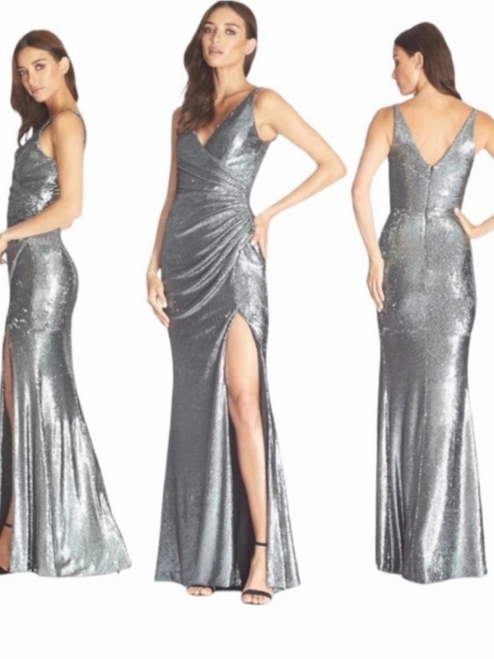 Dress the Population Silver Sequin V-Neck Maxi Gown with High Slit